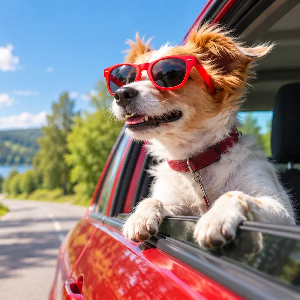 Glad hund med r�da solglas�gon p� utflykt i bil