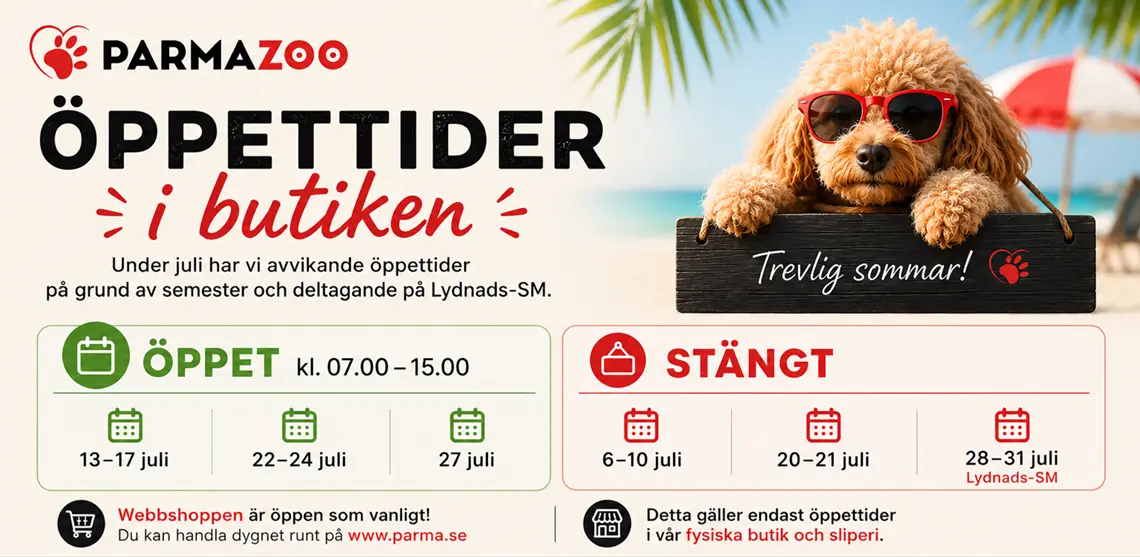 �ppettider i butiken hos ParmaZoo under juli 2026